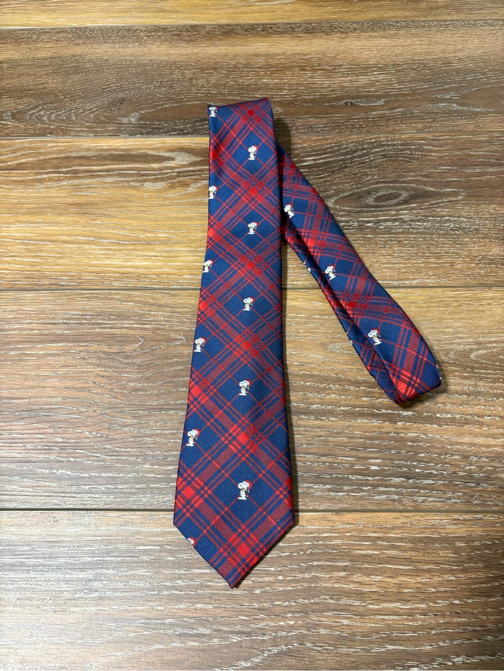 Peanuts Snoopy Navy and Red Plaid Tie with Small White Snoopy Motif